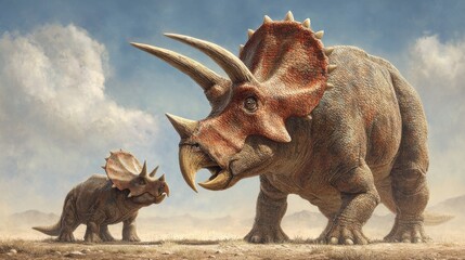Fototapeta premium A Majestic Dinosaur and Its Baby Roaming Through a Vast Desert Landscape Under a Bright Blue Sky Creating a Unique Prehistoric Scene of Wonder