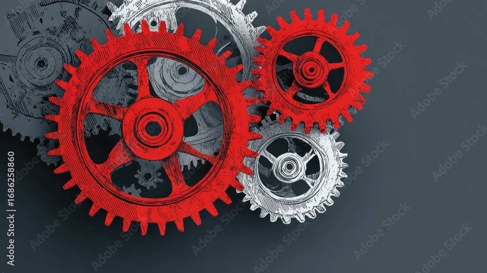 Poster red and silver gears on gray background with intricate design for engineering or manufacturing conce
