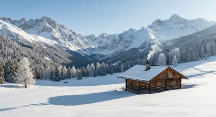 Fototapeta premium Cozy wooden cabin in a snowy alpine scene with majestic mountains and a clear blue sky during a sunny winter day