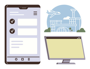 Smartphone with checklist app, desktop screen, airport with airplane in flight. Ideal for travel, booking, technology, communication, logistics transportation organization. Simple flat metaphor