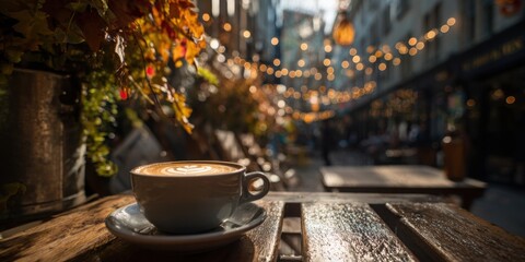 Charming outdoor cafe scene with cozy ambiance warm lighting wooden tables and urban street atmosphere ideal for socializing and relaxation in a modern city