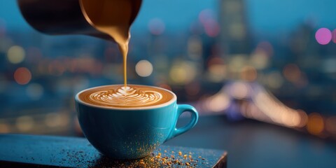 Stylish coffee cup filled with hot beverage barista pouring espresso urban coffee shop ambiance modern design cozy atmosphere and vibrant city background