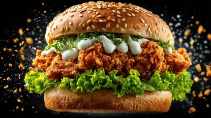 Crispy chicken burger with aioli splash, and flying crumbs on a dark background