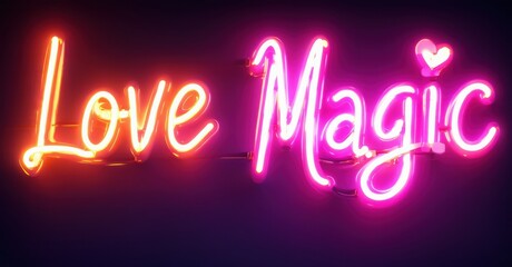Bright neon sign displays Love Magic. Pink glows radiate against dark background. Heart symbol accents text. Romantic, vibrant imagery.