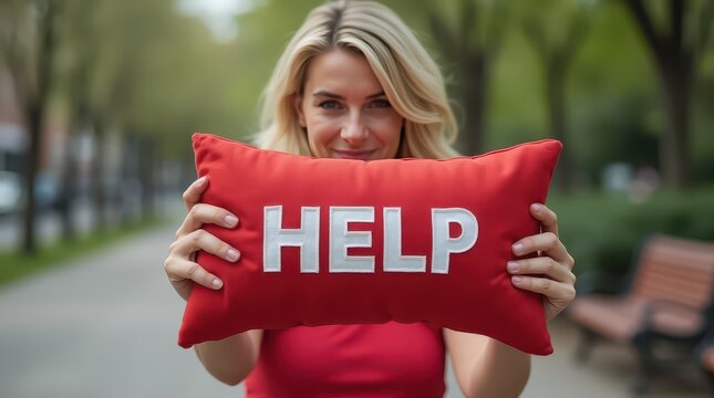 A Plea for Help: A compassionate individual extends a red pillow bearing the word HELP, embodying a call for aid and a symbol of support in a time of need. 
