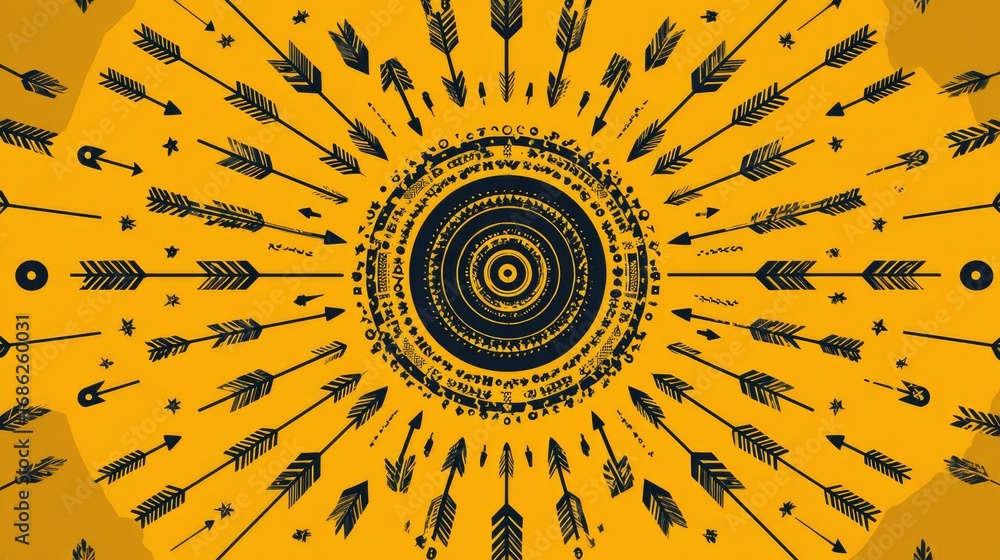 Poster dynamic pattern of black arrows radiating from a circular center on a bold yellow background