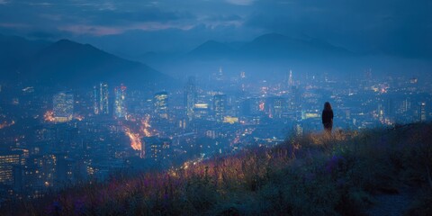 Stunning city skyline at night with illuminated skyscrapers vibrant urban lights panoramic view modern architecture and captivating nightscape scene