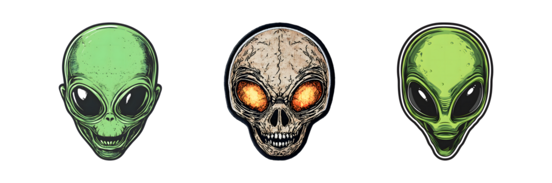 Set of Alien head embroidery patch isolated on transparent background, in PNG format, cut out