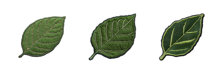 Set of Leaf embroidery patch isolated on transparent background, in PNG format, cut out