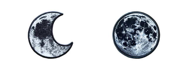 Moon embroidery patch isolated on transparent background, in PNG format, cut out