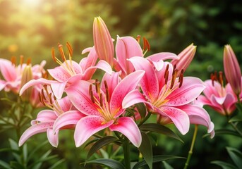 Fototapeta premium Vivid Pink Stargazer Lily Blossom Cluster, Fresh Spring Bloom, Floral Display, Stamens