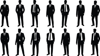 Silhouettes of men in suits, business professionals, formal attire poses, corporate style vector icons, office workers, smart casual illustrations