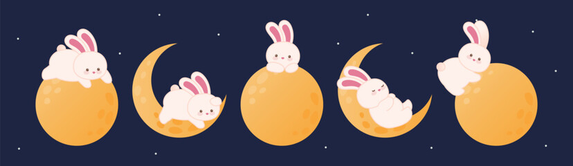 Collection of adorable cartoon rabbits with moon illustrations in isolated clipart style, ideal for festive decorations.