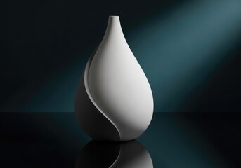 White teardrop vase with curved edges in studio lighting against dark background