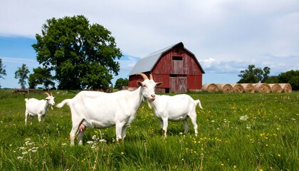 Obraz premium Goats Grazing near Red Barn