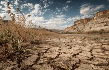 A dry landscape featuring cracked earth and sparse vegetation, under a cloudy sky with mountains in the background.