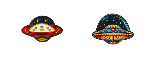Set of Colorful UFO embroidery patch isolated on transparent background, in PNG format, cut out