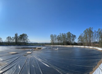 A vast, flat area covered with black plastic sheeting under a clear blue sky, bordered by tall trees in the background.