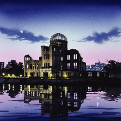 A haunting watercolor depiction of the skeletal remains of the Hiroshima Peace Memorial, illuminated against a twilight sky, with its reflection shimmering on the calm water.