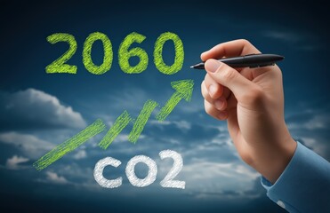 A hand writes "2060 CO2" with an upward arrow, symbolizing future carbon dioxide levels or climate change concerns against a cloudy sky backdrop.