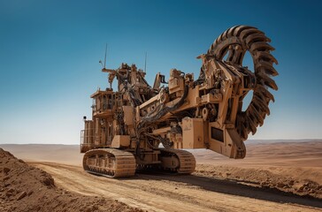 A large, heavy-duty machine with a rotating cutting head, designed for excavation, traverses a rugged landscape under a clear blue sky.