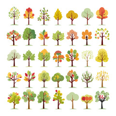 Collection Of Diverse Trees In Various Stages Of Seasonal Change On isolated White Background. minimal and simple cartoon green trees icon set vector illustration