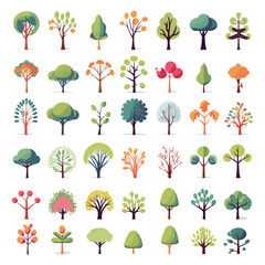 Collection Of Diverse Trees In Various Stages Of Seasonal Change On isolated White Background. minimal and simple cartoon green trees icon set vector illustration
