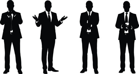 Businessmen in suits, professional male silhouettes, office gesture poses, standing confident, holding coffee, arms crossed, isolated on white background, corporate communication concept vector