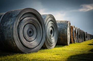 The image showcases rolled materials on a grassy field, highlighting their circular shapes and textures against a cloudy sky.