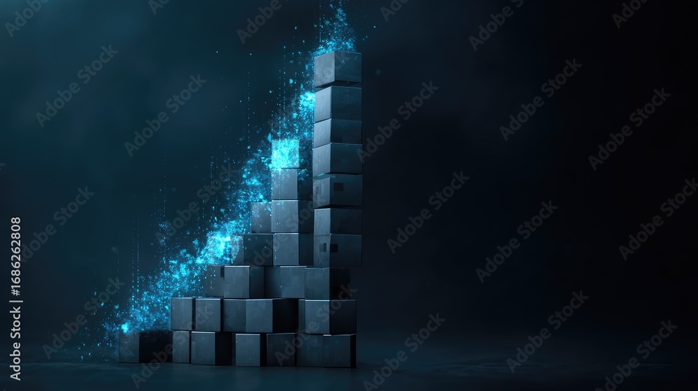 Aufkleber rising graph of cubes with sparkling effects and dark background for business growth and performance