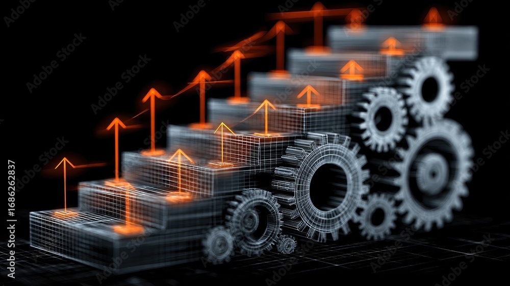 Aufkleber digital representation of gears and graphs illustrating progress and growth in business or technolog