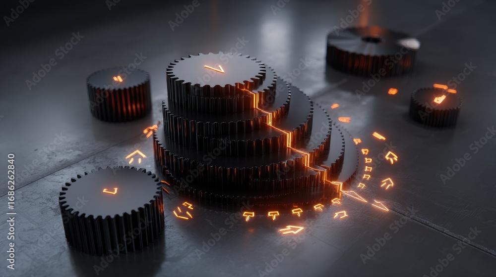 Poster abstract illustration of gears and mechanical components with glowing accents on dark surface for te