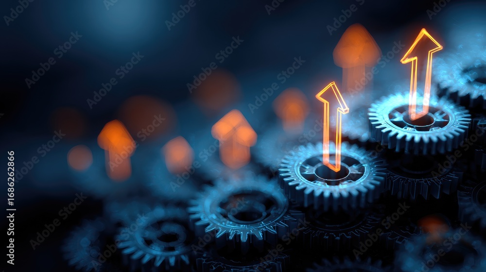 Poster gears with arrows in motion indicating progress and growth towards innovation and success