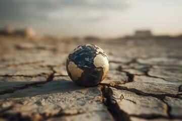 A cracked earth surface with a small globe resting on it, symbolizing environmental issues and the fragility of our planet.