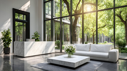 White sofa and coffee table in a modern building lobby with large windows showing green trees and sunlight.