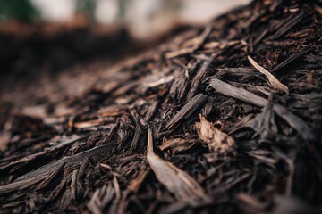 A close-up view of dark, textured mulch, showcasing the organic materials used for landscaping and gardening.