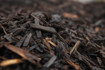 Dark, textured mulch composed of wood fibers, ideal for landscaping and soil health, enhancing plant growth while retaining moisture.