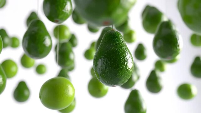 Falling ripe avocados and limes against a crisp white backdrop