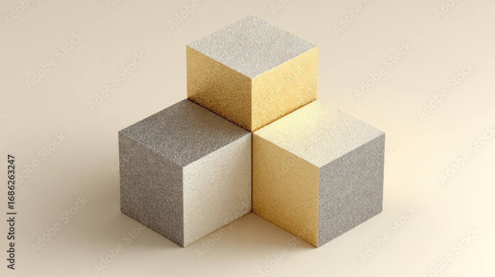 Poster collection of three textured cubes in silver, gold, and white arranged in a minimalistic composition