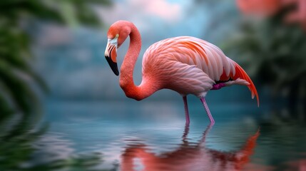 Obraz premium Elegant Pink Flamingo Standing Gracefully in Calm Water with Lush Greenery Background