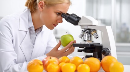 A scientist examines a green apple through a microscope, surrounded by oranges, highlighting research in food science and nutrition.