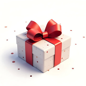 Elegant White Gift Box with Red Ribbon and Bow, Festive Confetti Background