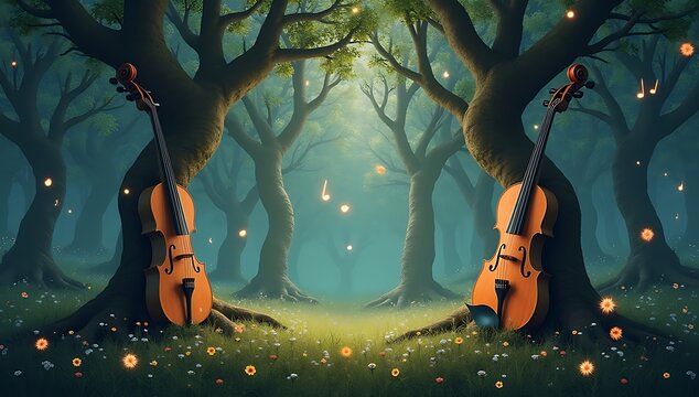 Enchanted forest where trees grow like violins and branches form guitar strings, glowing notes floating in the air.