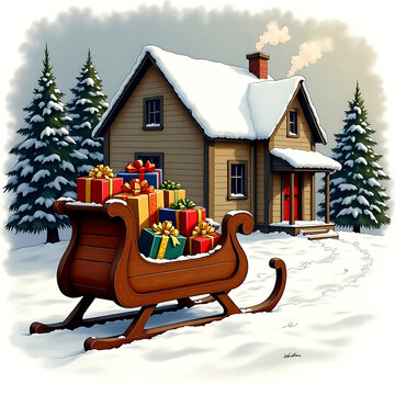 Cozy Winter House with Festive Sleigh Full of Christmas Gifts in Snowy Landscape