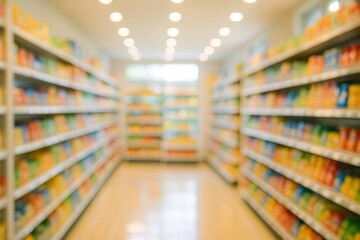 Fototapeta premium a blurred minimarket aisle, shallow depth of field, strong lighting, clean and modern look