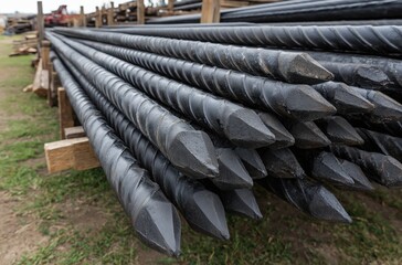 A close-up view of stacked, pointed metal rods, showcasing their spiral design and sharp tips, resting on wooden supports in an outdoor setting.