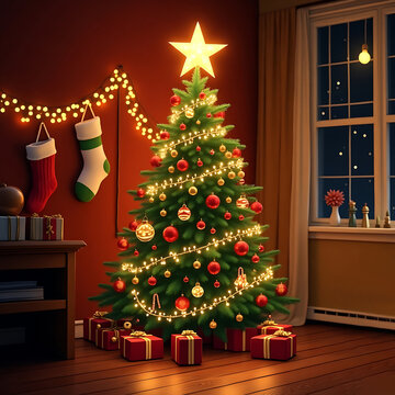 Cozy Christmas Tree Decorated with Lights, Ornaments, and Gifts in Warm Living Room