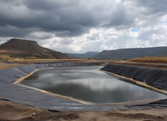 A serene landscape features a large, dark-lined water reservoir surrounded by hills under a dramatic cloudy sky.