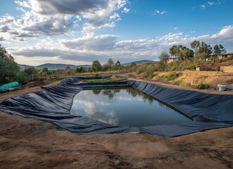 A tranquil pond surrounded by black lining, set against a picturesque landscape of hills and clouds under a bright blue sky.
