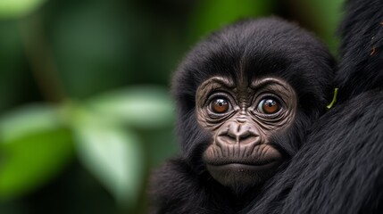Obraz premium Close-up of a Young Gorilla with Expressive Eyes in a Lush Green Jungle Environment